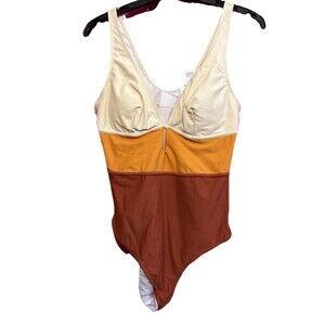 #8518 WOMENS HIGH RISE ORANGE BEIGE ONE PIECE SWIMSUIT SIZE L NWT